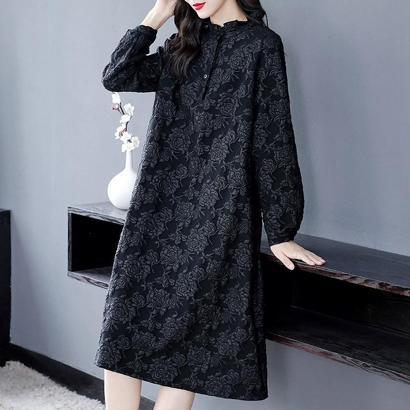 Осенне-зимнее жаккардовое винтажное нишевое платье, окрашенное в пряже, модная одежда больших размеров в западном стиле для женщин среднего и пожилого возраста, Внутренняя юбка для похудения