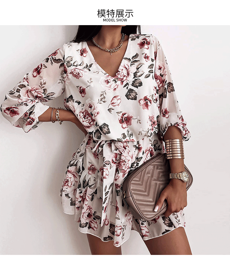 v-neck long-sleeved floral printed waist lace-up short dress  NSHHF53685