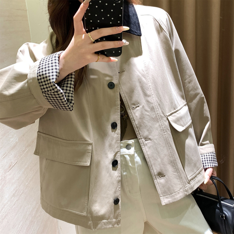 泽黛佳伊 复古巴恩风！廓形休闲灯芯绒拼接领短款风衣外套女秋|undefined