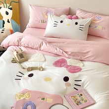 hellokitty全棉贴布绣床上用品四件套可爱纯棉被套儿童床单三件套