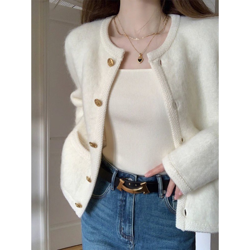 White light luxury beautiful Chanel style autumn and winter coat French style high-grade knitted cardigan top as if mink velvet fashionable