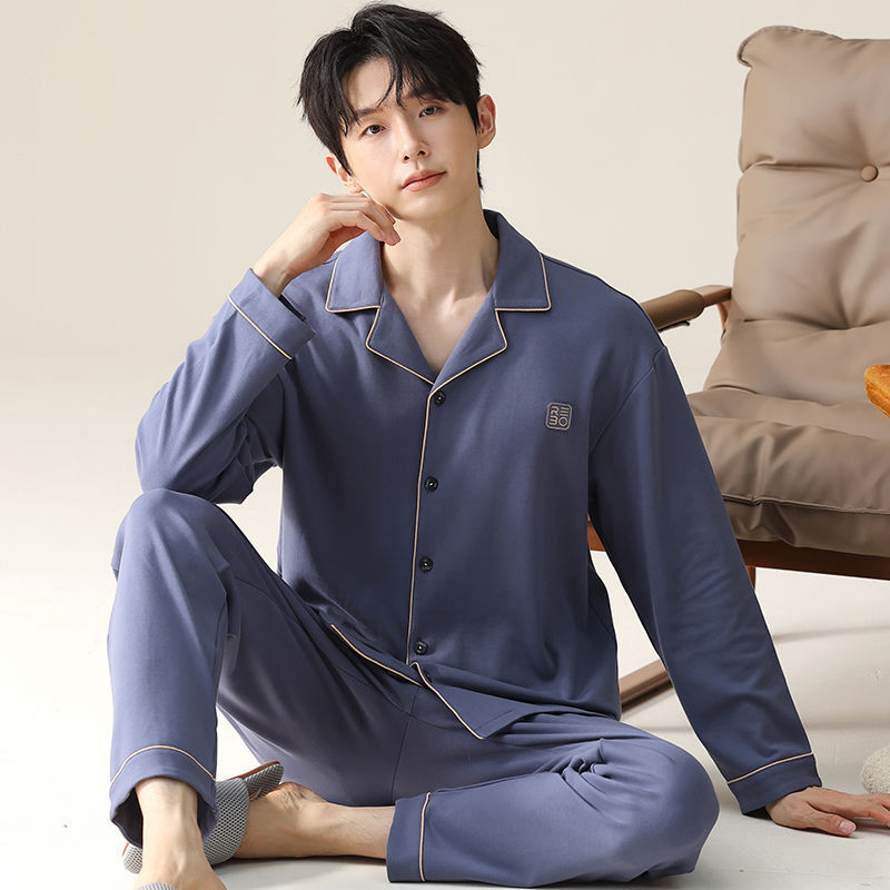 Pijama de hombre primavera y otoño cardigan de manga larga set delgado suelto algodón puro estilo exterior se puede usar ropa de hogar