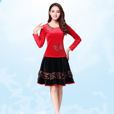 Square dance clothing autumn and winter new long-sleeved women's gold velvet dance skirt suit middle-aged and elderly dance costumes