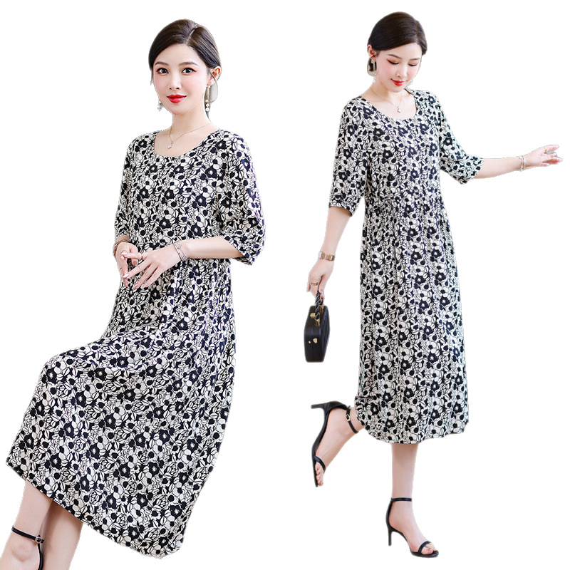 2024 new cotton silk dress female summer temperament mother belly covering plus size artificial cotton long skirt Mother's Day
