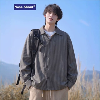 NASA ABOUT斜门襟条纹长袖衬衫男秋季新款宽松翻领潮牌痞帅衬衣