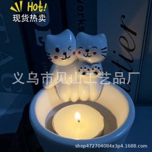 跨境CartoonKittenCoupleCandleHolder卡通情侣小猫烛台树脂摆件