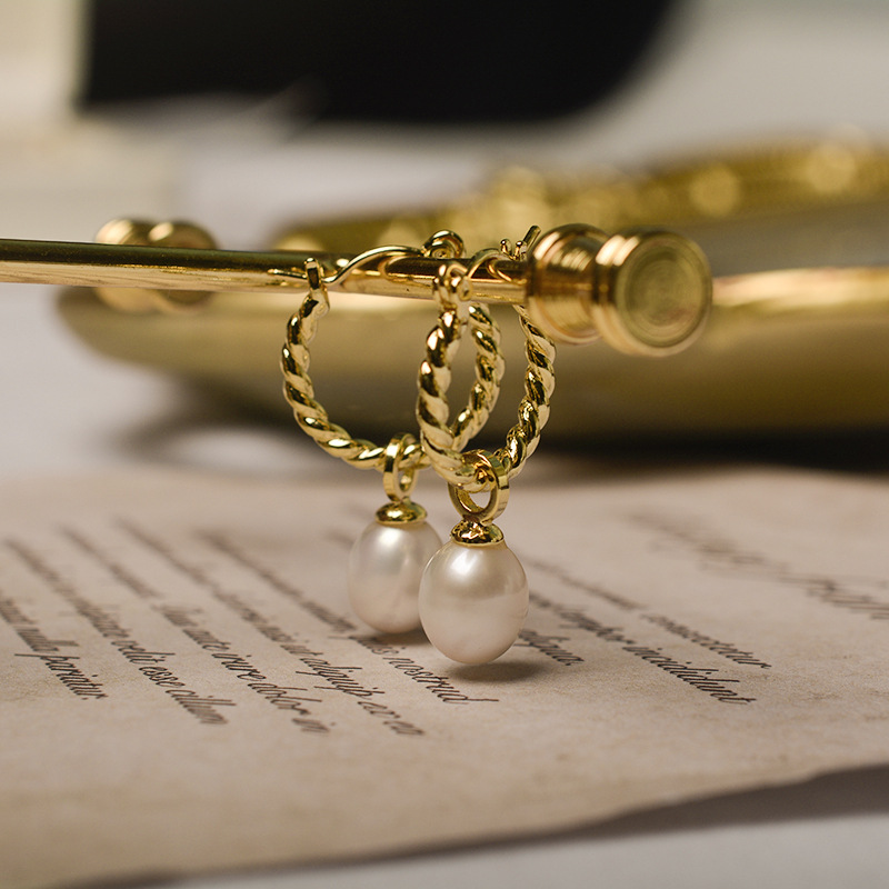 法式复古麻花扭纹耳钉 个性气质优雅高级感天然淡水珍