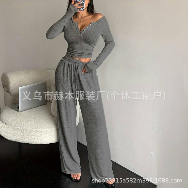 跨境2025新款欧美性感家居短款修身v领紧身长袖长裤两件套装