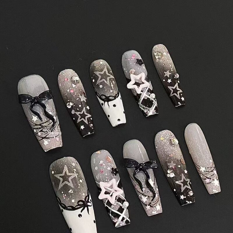 Sweet and Spicy Star Semi-Handmade Lace French Style Cute Girl's Wearable Nails, Detachable, Long Length, Brightening Effect Sweet and Spicy Star Semi-Handmade Lace French Style Cute Girl's Wearable Nails, Detachable, Long Length, Brightening Effect
