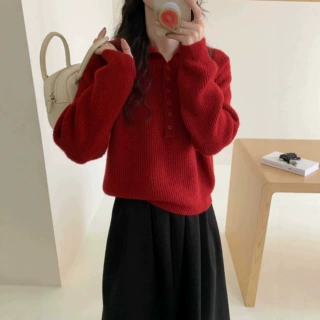 韩系小众POLO领针织衫女秋冬内搭翻领加厚软糯纯色休闲款毛衣上衣