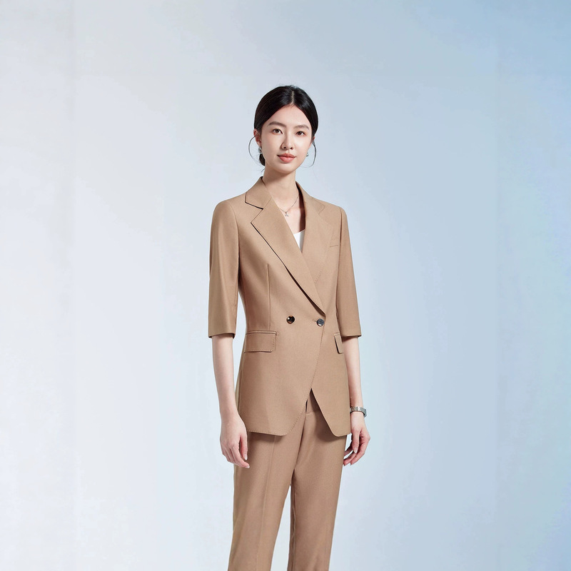 Navy Blue Women's Suit Set with Three-Quarter Sleeves, Professional Formal Wear, High-End Feel, Mid-Sleeve Thin Blazer for Summer