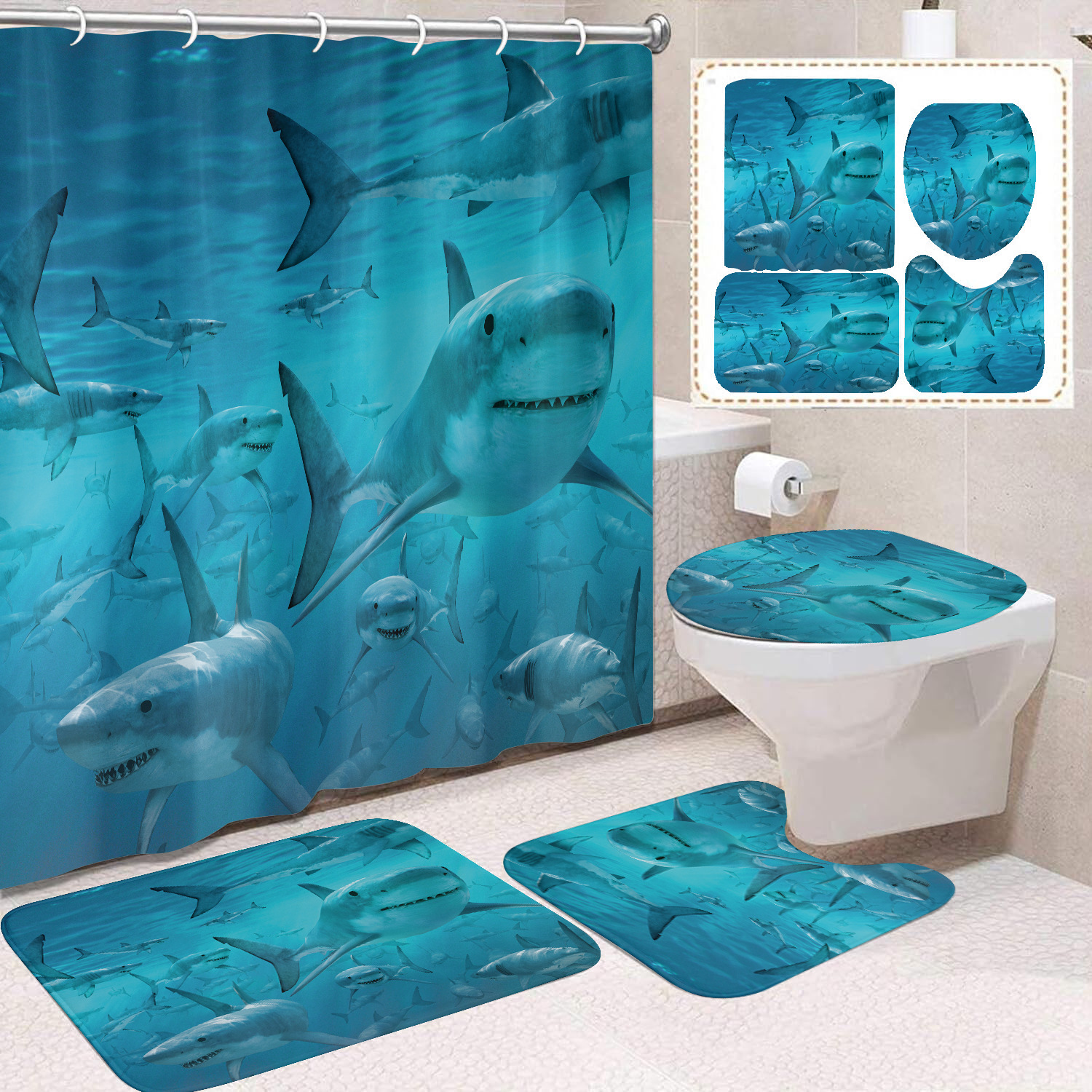 Cortina de ducha transfronteriza con diseño de delfines azules, estampada digitalmente, de poliéster, sin perforaciones, para baño, decoración del hogar image 17