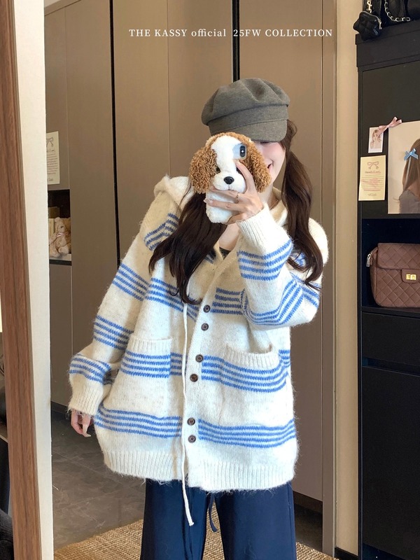 慵懒风撞色条纹长袖毛衣外套女2025秋季减龄宽松连帽针织开衫|undefined