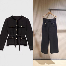 法式优雅2025秋冬新款时尚粗花呢单排扣腰部系带外套阔腿长裤套装
