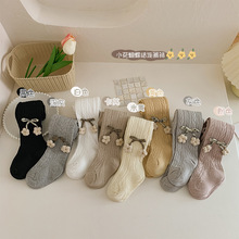 跨境女宝宝连裤袜春秋百搭外穿针织麻花小花朵蝴蝶结儿童打底裤袜