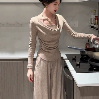 秋季搭配一整套时尚感纯欲风修身荡领上衣阔腿裤休闲两件套女