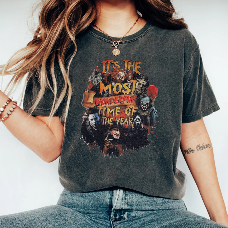 New Washed Vintage Cotton Halloween Halloween Horror Movie Fashion Printed Street Retro T-Shirt