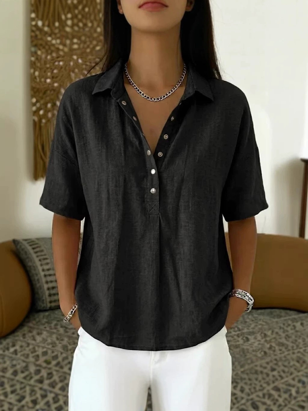 Europa y Estados Unidos transfronterizos Amazon estación independiente 2026 verano nuevo estilo de ropa de mujer comodidad con solapa de manga corta camisa sólida