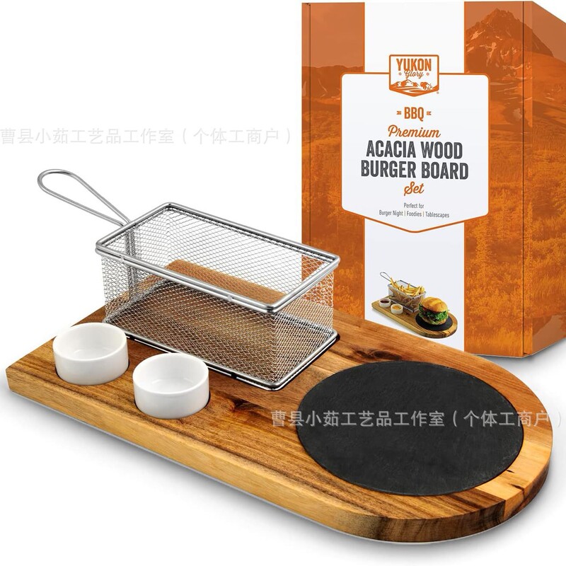 Wooden Restaurant Food Tray with Dipping Sauce Container, Solid Wood Oval Tray for Burgers and Fried Chicken, Slate Wood Tray