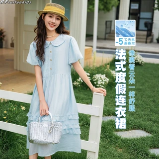 B2青少年法式连衣裙夏季少女娃娃领蛋糕裙初高中生荷叶边显瘦长裙
