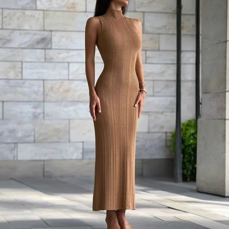 Cross-border European and American Knitted High Neck Sleeveless Tight Dress Spring and Summer New Style Mid-length Dress Elegant French Style European and American dress Women