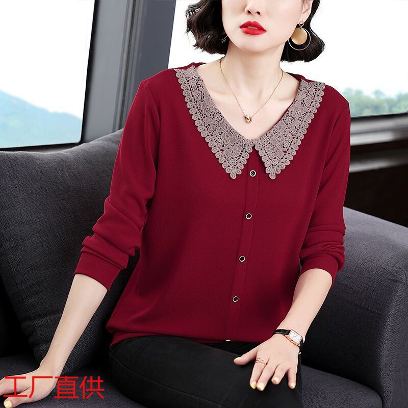 Fashion Spring and Autumn Dama Women's New Women's T-shirt Long Sleeve Doll Collar Middle-aged Mother's Base Shirt Top