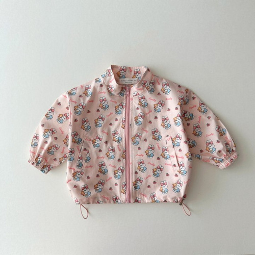 Korean Version Instagram Spring Versatile Fashion Print Collar Windproof Jacket Drawstring Jacket Cute Cartoon Zip-up Top