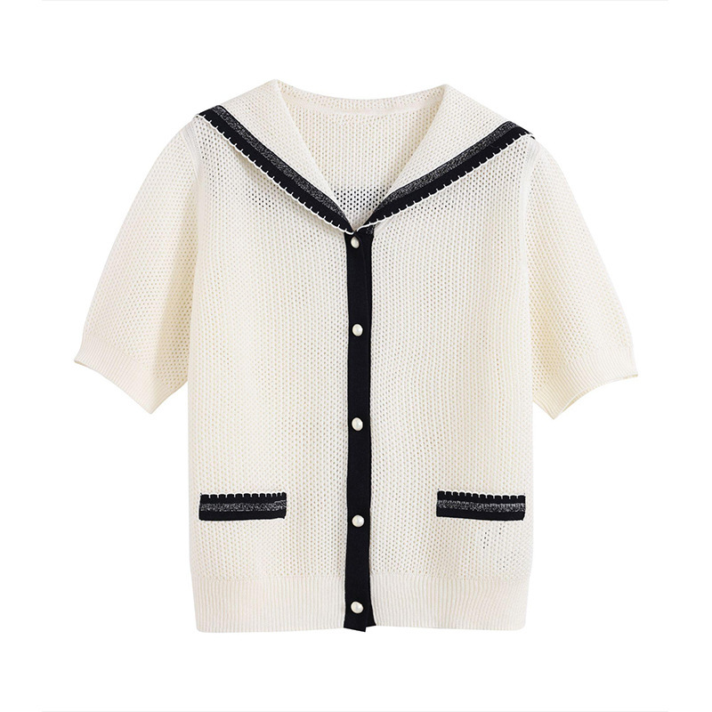 【Yazhidingdan】Knitted Cardigan for Women, Ice Silk Short-Sleeve Sailor Collar Hollow-Out Jacket, 2026 Spring/Summer New Style Top