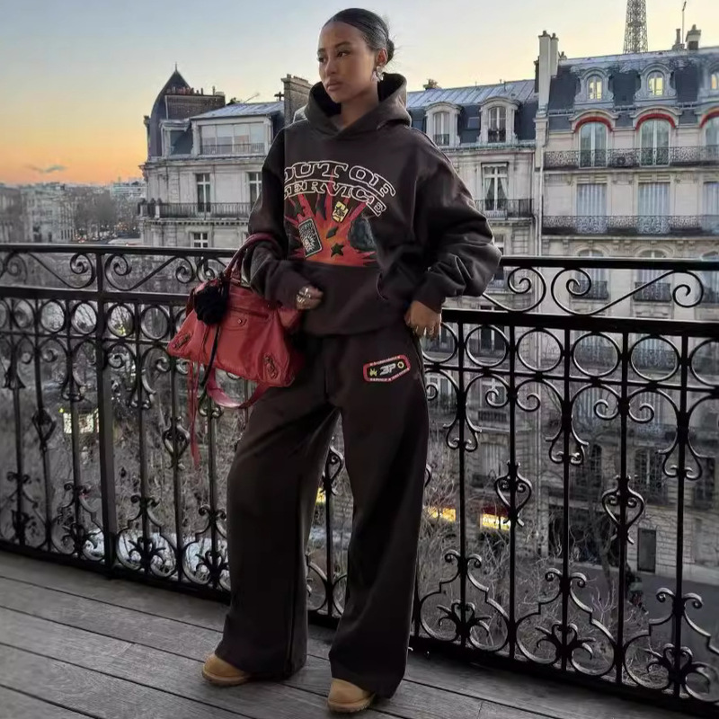 European and American Trendy Retro Graffiti Print Foam Letter Casual Loose Sweatshirt Couple Hoodie Set Sweatpants