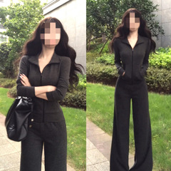 灰色条纹休闲阔腿裤女秋季2025新款高腰长裤垂感显瘦百搭韩系套装