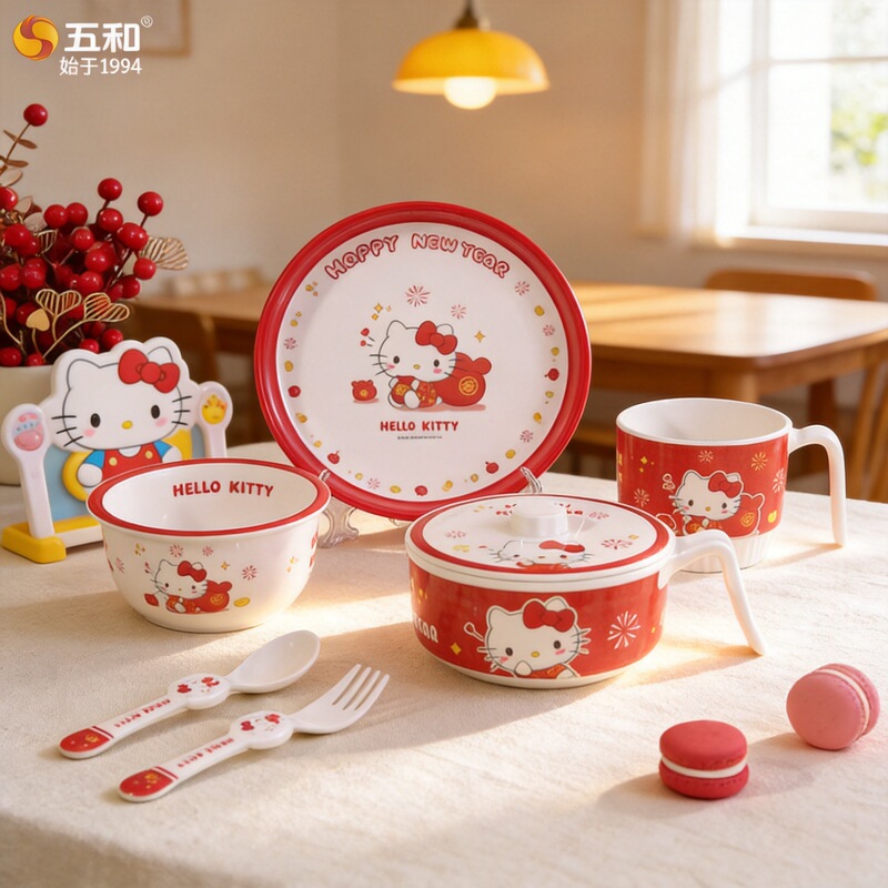 Sanrio HelloKitty melamine children's tableware home cute cartoon girl heart eating bowl disc wholesale Sanrio HelloKitty melamine children's tableware home cute cartoon girl heart eating bowl disc wholesale