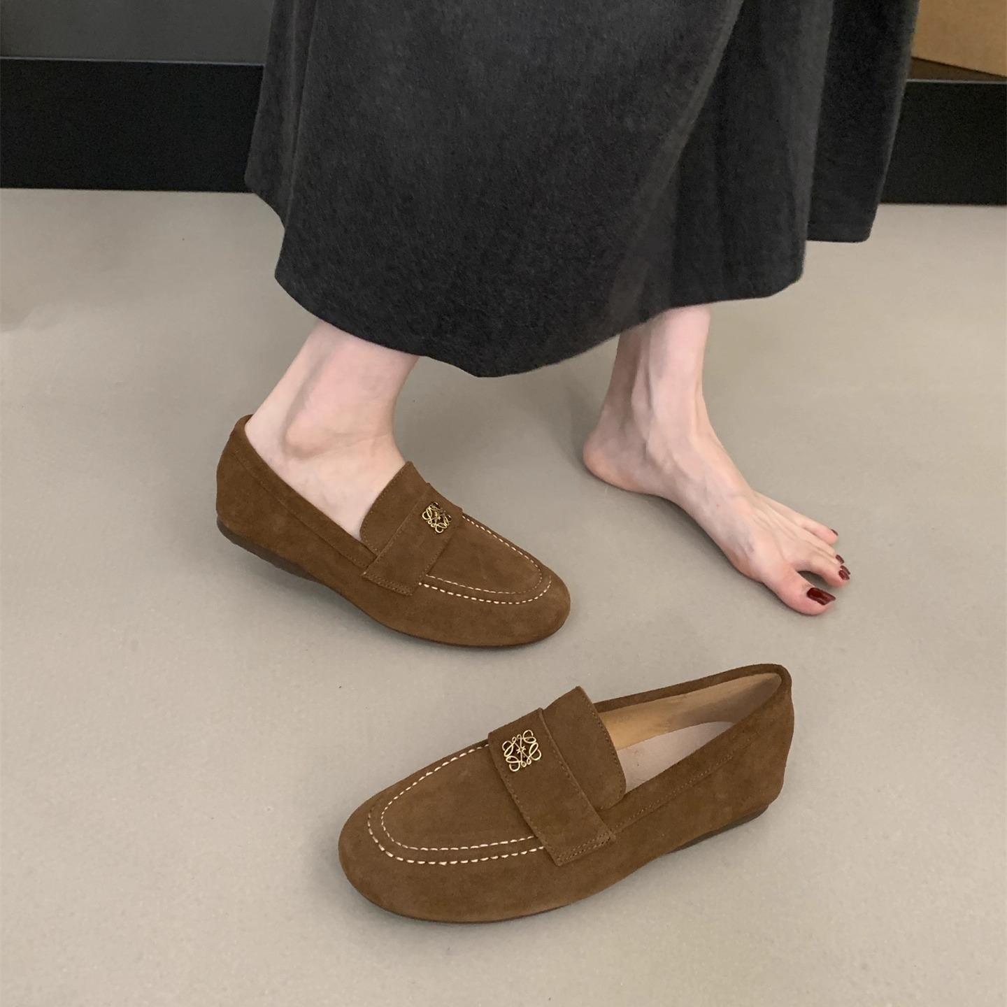 牛皮版~ 软底复古休闲百搭平底乐福鞋一脚蹬懒人鞋通勤单鞋豆豆鞋