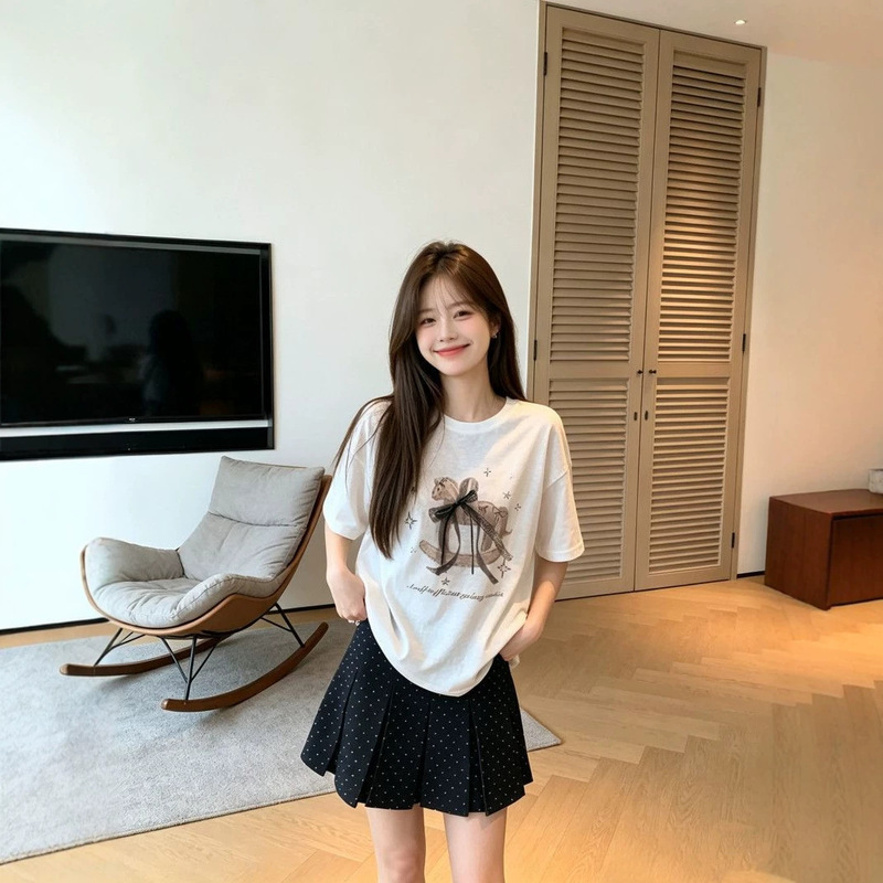 Trendy 2026 Summer Lace Bow Ribbon Carousel Print Slim-Fit Round Neck Short-Sleeve T-Shirt for Women