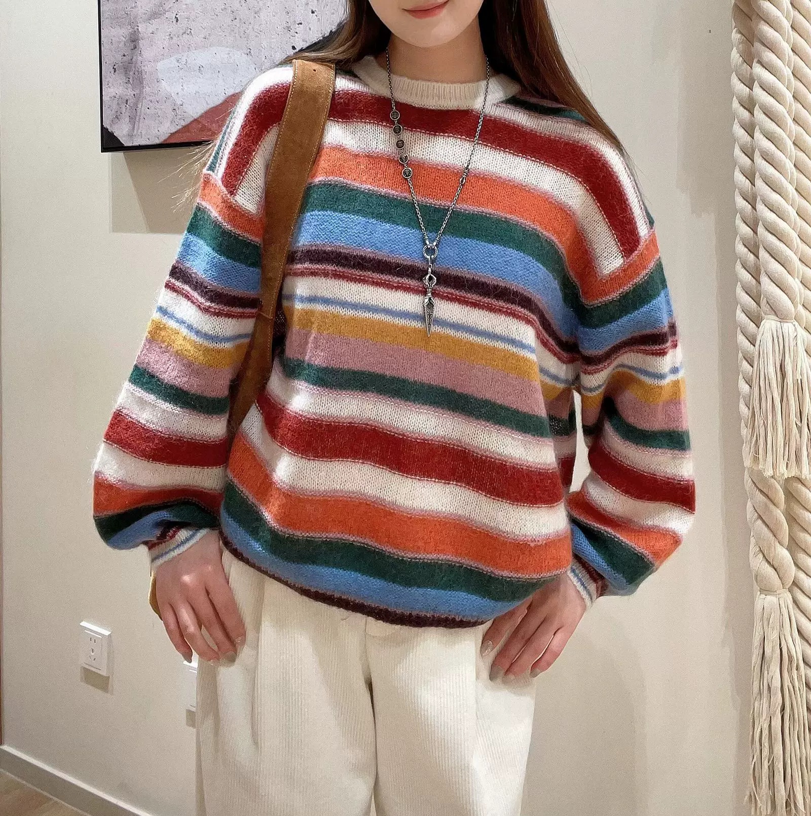 BS26早春多巴胺撞色条纹绵羊毛混纺针织衫上衣女彩虹毛衣1E26SERE
