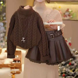 女童红色中高领毛衣皮短裙套装冬装2025新款新年甜酷风上衣半身裙