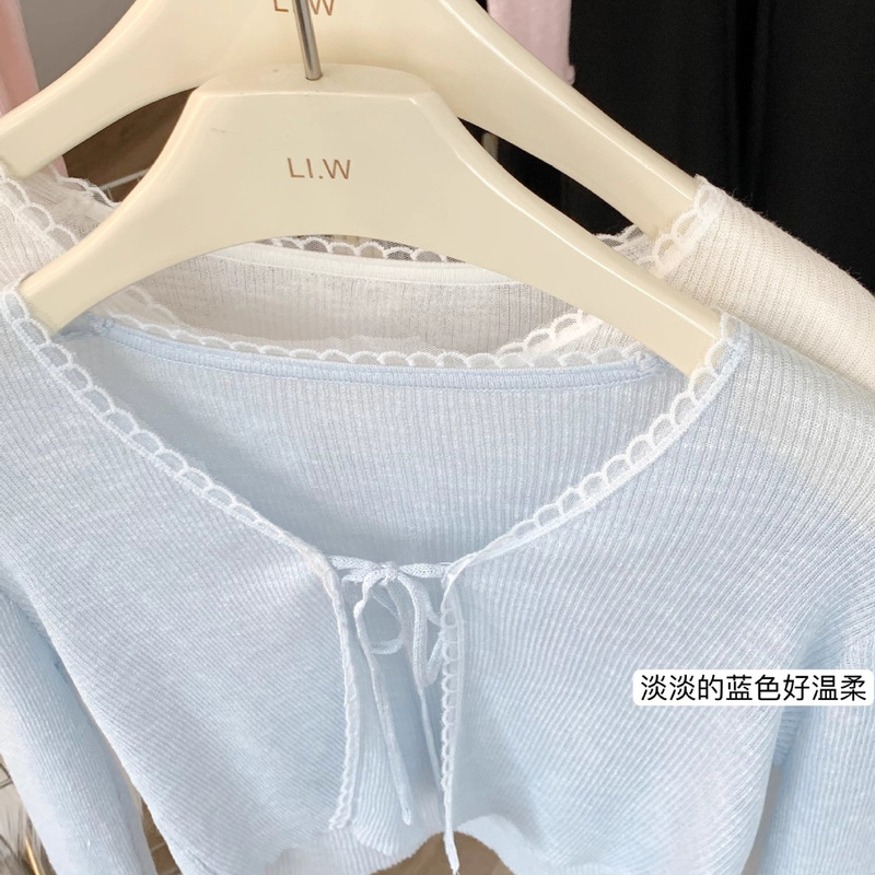 Baby Light Blue Ice Silk Sunscreen Cardigan Women's Summer Thin Short V-Neck Knitted Top Shawl