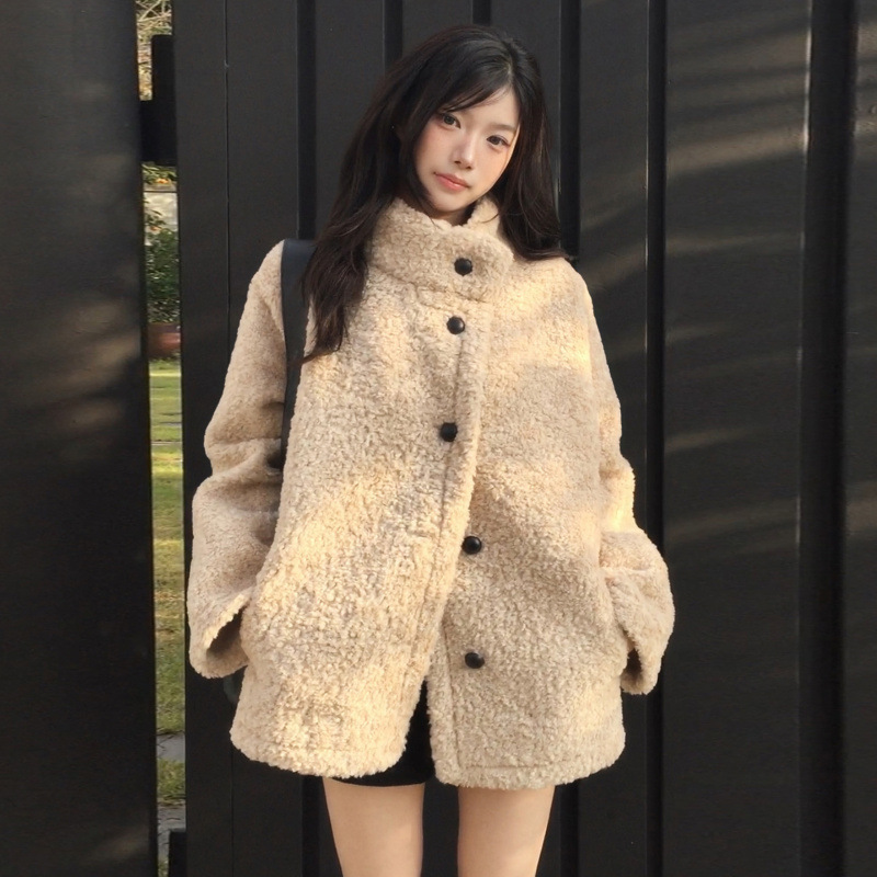 Size Has Been Updated French Retro Style Stand-Up Collar Warm Loose Fur All-In-One Fur Outwear