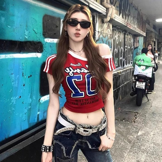 American Style Street Hot Girl Personalized Printed Slant Shoulder Short Cropped Short-sleeved T-shirt Women's Summer Slim-fit Short-sleeved Top for Women T