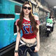 American Style Street Hot Girl Personalized Printed Slant Shoulder Short Cropped Short-sleeved T-shirt Women's Summer Slim-fit Short-sleeved Top for Women T