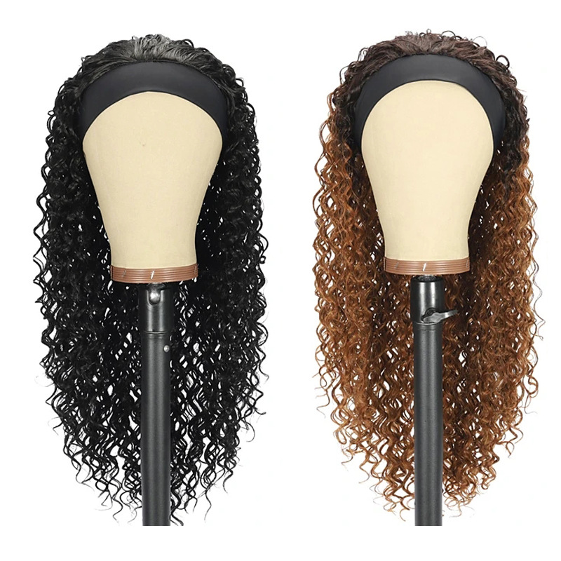 Perruque synthétique perruque cheveux longs femme foulard marron dégradé petit bandeau bouclé fibre synthétique_voghion.com