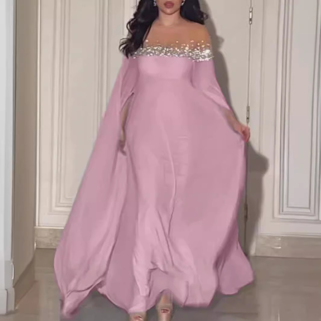 Vestido de Noche Elegante y Sexy de Estilo Europeo y Americano, Primavera/Verano 2023, Cintura Alta, con Pedrería y Perlas, en Chifón. image 3