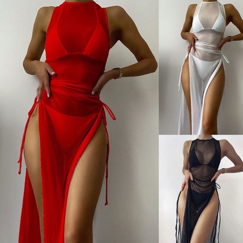 2024 new AliExpress swimsuit bikini three-piece European and American sexy multi-color mesh cover-up gauze beach swimsuit