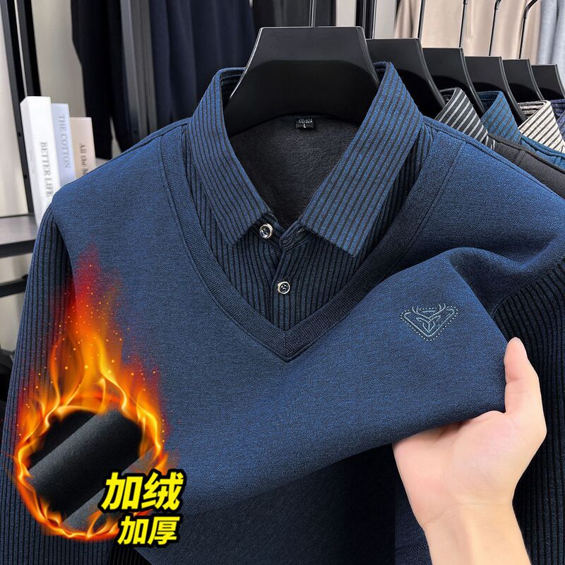 Source Factory Men's Fake Two-Piece Knitted Versatile Shirt Warm Thickeneded Velvet Trendyy Shirt Collar Sweatshirt Winter