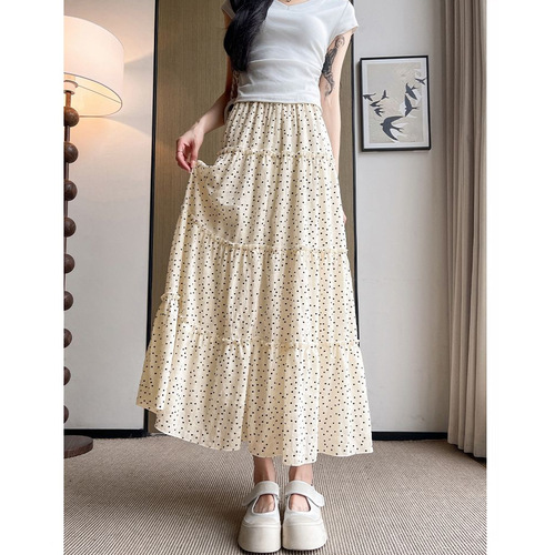 Policy-dotted skirt for women's summer new high-waist a-line slimming medium and long all-matching small white long dress