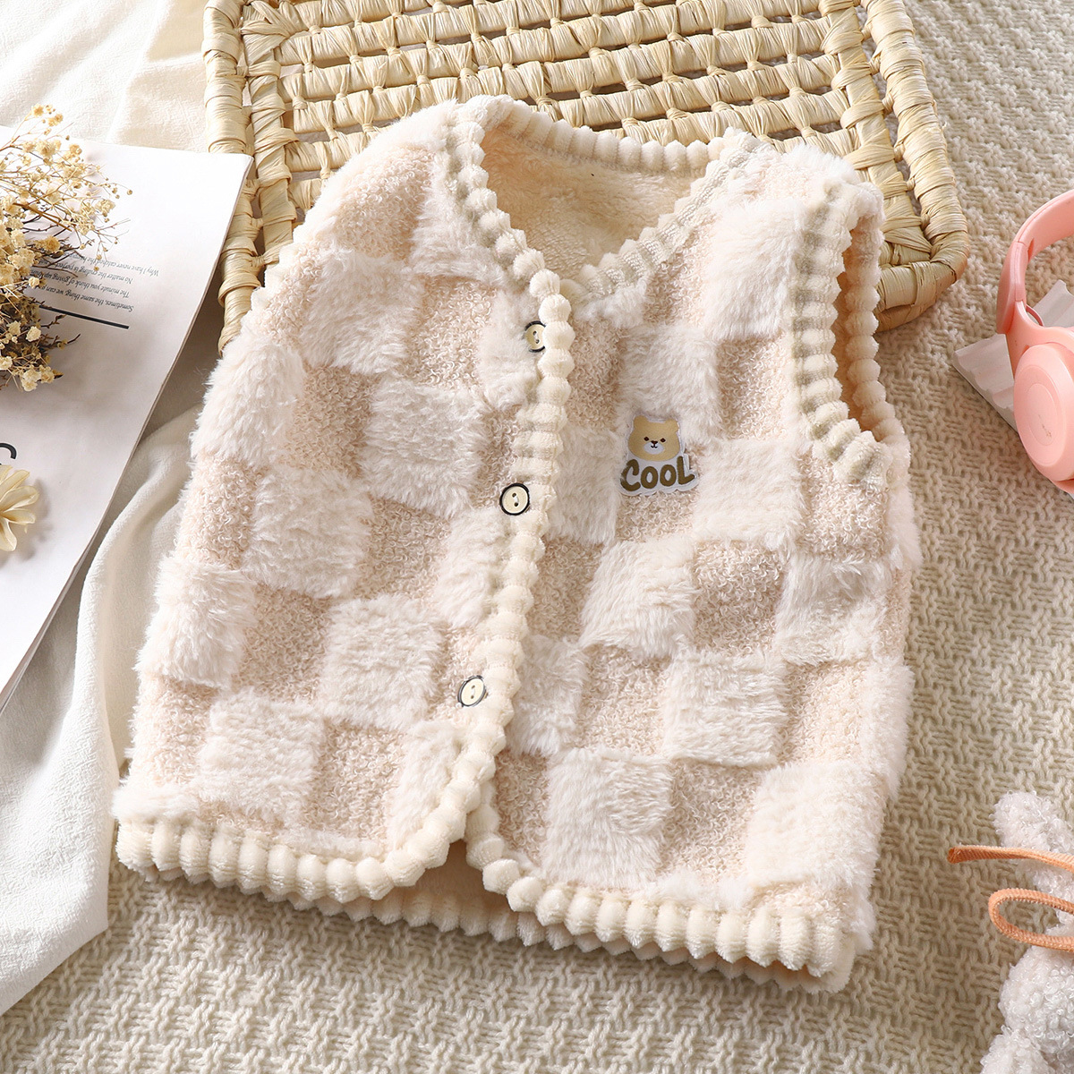 New children's fleece-lined vest, warm vest for boys, soft inner wear, autumn and winter, cardigan vest for girls, wear as outerwear.