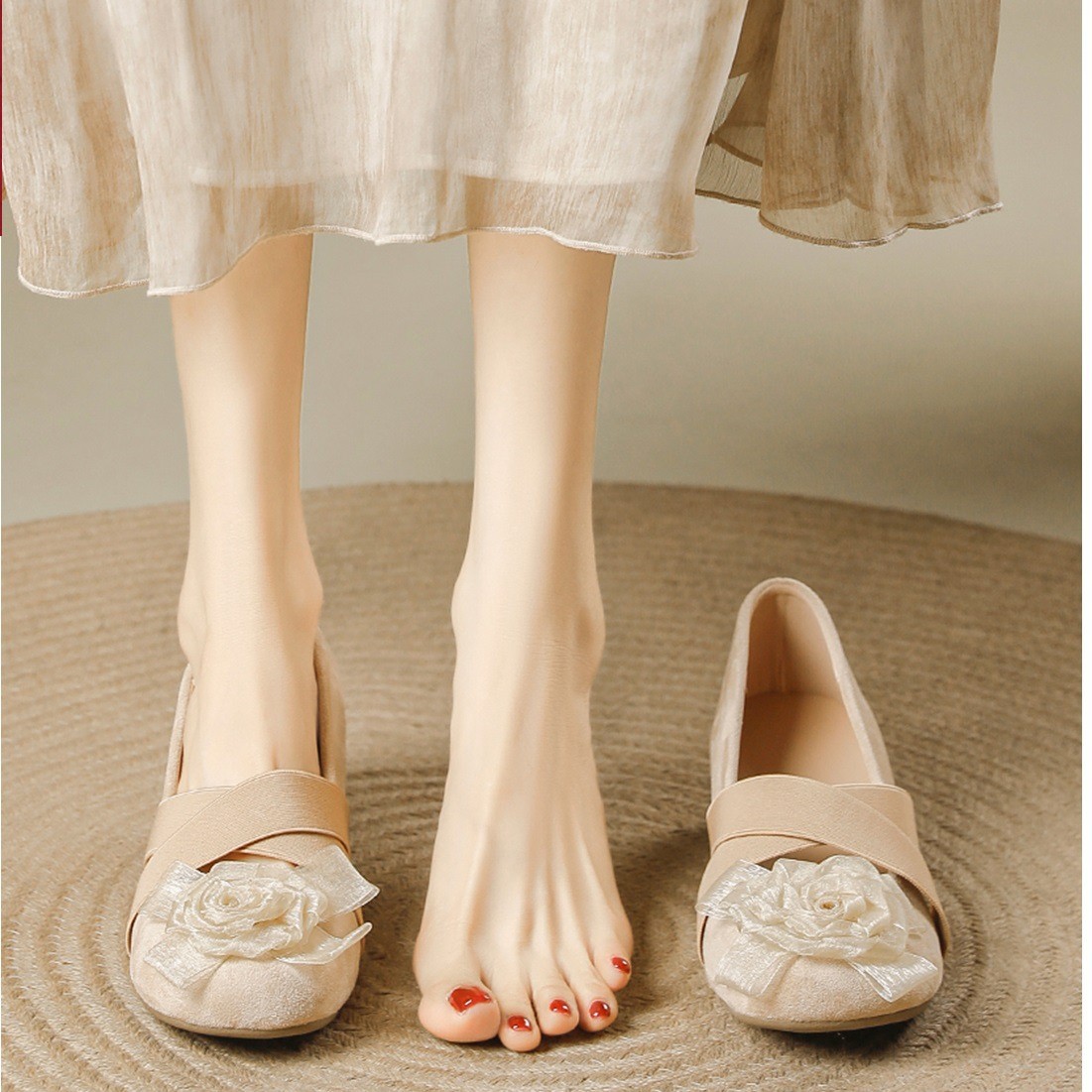 Sheepskin version ~ 6cm small height camellia cross belt spring and autumn ballet shoes thick heel Mary Jane shoes women