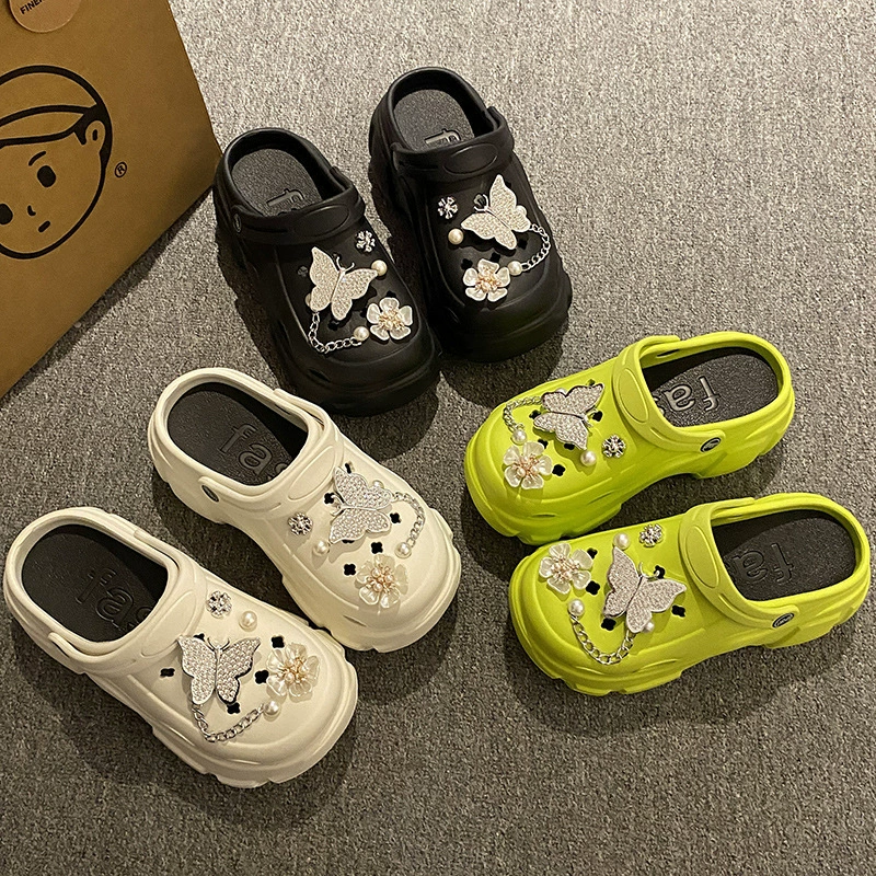 Продвинутые сенсорные туфли женские толстые подошвы увеличенные стразы бабочка 2024 новые летние туфли