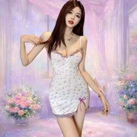 蝶雨情趣内衣少女感碎花蕾丝深V吊带睡裙纯欲甜美火辣修身家居服