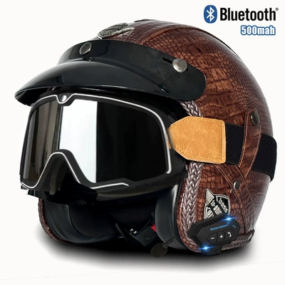 certification cross-border electric motorcycle retro – Motosiklet kaskı (dəbilqə) - v-brown-crocodile-pattern-large-frame-goggles-bluetooth-s