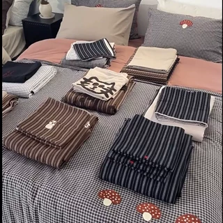 日式简约手工拼接全棉双层纱复古色织格纹四件套双丝光压光纱布